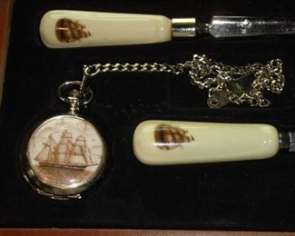 Schooner letter opener, magnifying glass, & pocket watch in wood case