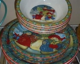 Place setting of 4 Christmas dishes blue & green snowmen