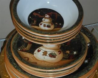 Place setting of 4 Christmas dishes green & brown w/snowman
