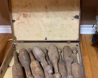 wooden bowling pin set in case