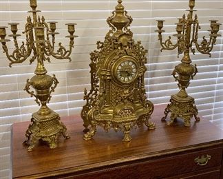 Antique Ornate Figural German Imperial Mantle Clock and Candelabras - 3 Piece Garniture Set