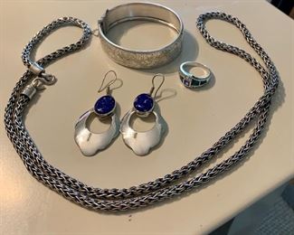 Large heavy Bali necklace in sterling, vintage bangle bracelet and opal inlaid sterling ring SALE!