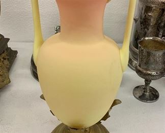Fenton Burmese glass vase with handles and brass base