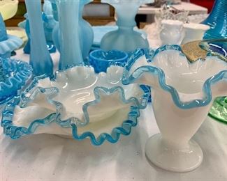 beautiful aqua ruffle edge Fenton Milk Glass