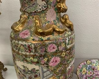 Chinese hand painted porcelain Famile Rose vase unsigned with gold accents 20th century approx. 18" tall