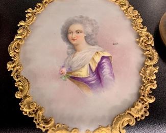 Antique porcelain signed Lady painting with gilt frame