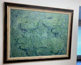 Oil on canvas , artist Foster 45" x 56 1/2" circa 1960. Impasto style , abstract blues, green and absolutely gorgeous!