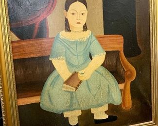 American Folk Art:   (19th century) oil on canvas unsigned reproduction of William Mathew Prior girl seated on bench