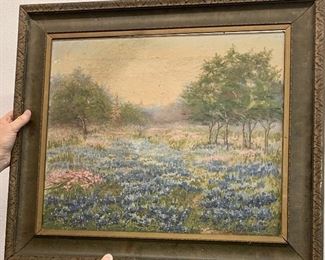 Nannie Carver Huddle , painter and sculpture one of the first artists to pint bluebonnets in Texas( 1860-1951) Bluebonnets oil on canvas 22" x 25" ( dated June 1985 when secondary owner purchased this piece)