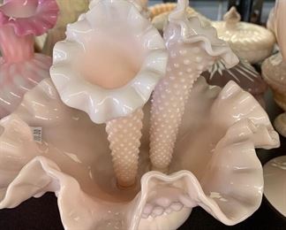 beautiful pink Fenton hobnail epergne