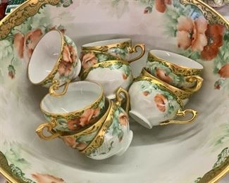 stunning gold trim vintage punch bowl set with cups and plate hand painted Poppies