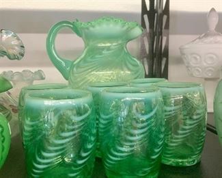 Fenton Water set green opalescent feather