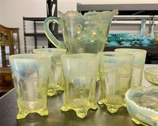 Vaseline glass opalescent footed pitcher, sugar and creamer and glasses set