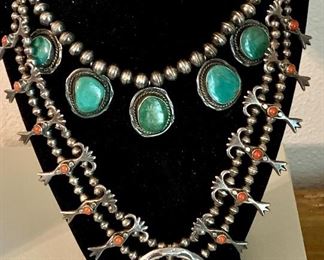 Native American squash blossom necklace, turquoise necklace with hand made sterling beads