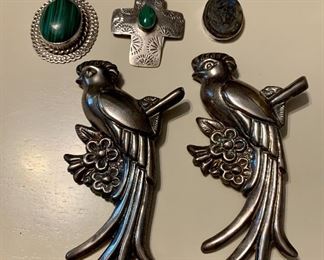 huge vintage sterling silver bird brooches