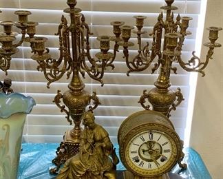 Ansonia Opera Figure Mantel Clock Bronze paitna on Spelter. Black enamel base. Porcelain dial 1882  antique bronze candelabra set 18th century