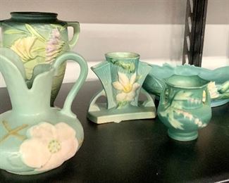 beautiful Roseville collection! background: Vintage Roseville Pottery Freesia Green Handled Vase Marked Roseville USA 8 1/2", Vintage Roseville Pottery Clematis Blue Cornucopia Vase, Marked Roseville USA, Roseville Pottery Bleeding Heart Green Art Deco Small Vase 138-4