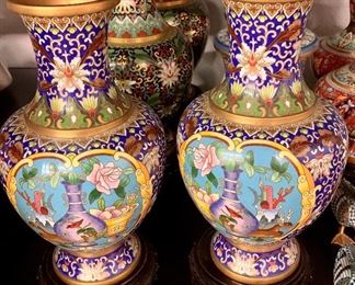 pair of Chinese Cloisonne' Baluster vases with blue medallion decorations and wooden stands 20th century 10" tall
