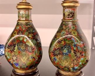 Pair of Chinese Cloisonne' Baluster brass and enamel jars with covers and wooden stands 19th century, 8" tall