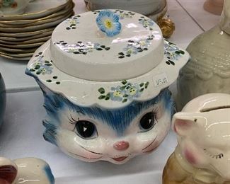 Vintage Lefton blue kitty "Miss Priss" cookie jar