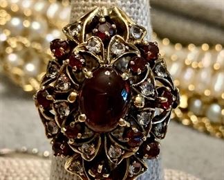 ruby cabochon and white topaz 14k gold statement ring