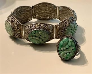 Chinese Peking glass silver bracelet and ring set