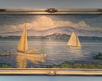 Large Antique Oil Painting.  Seaside Sailboat Scene By Rudolph Hause-1922