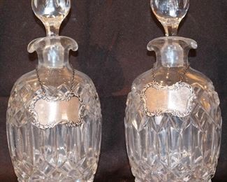 Pair of Crystal Decanters with Sterling Lables