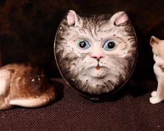 Porcelain Cat Items, 1 Box and 2 Royal Doultons