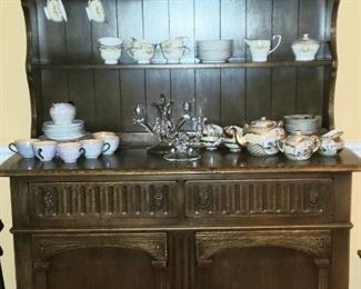 antique china buffet, collectable steins, vintage dishes