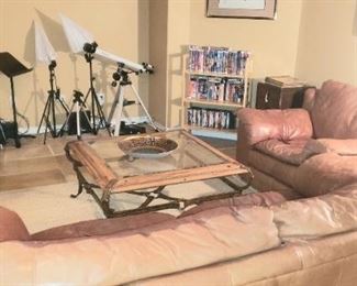 Leather Sofa + overstuffed chair, videos & DVDs, Antique record cabinet