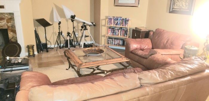 Leather Sofa + overstuffed chair, videos & DVDs, Antique record cabinet