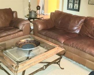 Leather Sofa + Overstuffed Chair, coffee table, end tables, lamps, iron wall decor
