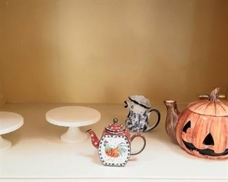 Two Martha Stewart Pedestals. 
C. Maddison Teapot
Midwest of Cannon Falls Pumpkin Teapot