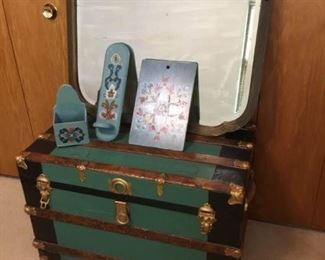Flat Top Trunk, Antique Mirror and Other Decor