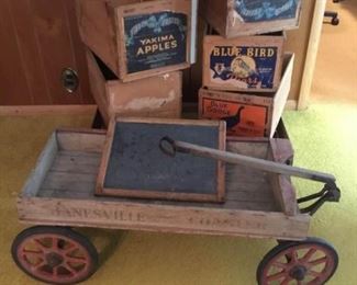 Antique Wooden Wagon and Wooden Crates
