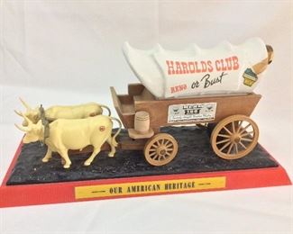 Our American Heritage Harolds Club Covered Wagon Reno or Bust Jim Beam Decanter with Platform, 17 1/2" L.
