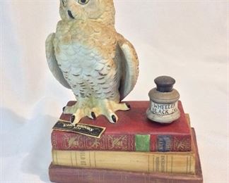Ezra Brooks Decanter Owl Perched on Books, 10" H. 
