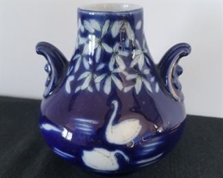 Antique Vessel w/Blue Glaze & White Swans