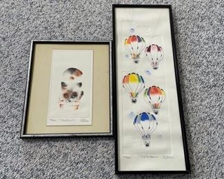 Pencil Signed M. Wilson Color Prints: Cat & Air Balloons