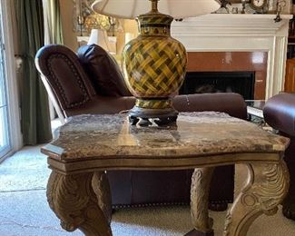 Pair of end tables with marble tops and pair of lamps