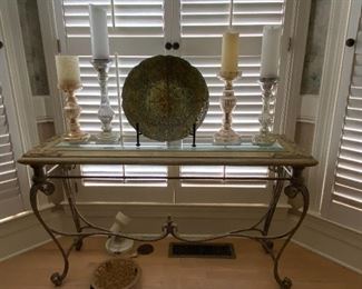 Glass top iron base console table