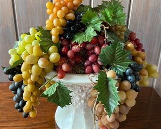 Vintage Grapes Arrangement In White  Milkglass Compote