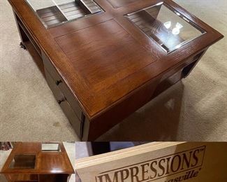 Impressions by Thomasville Large Square Rolling Coffee Table. Has Display Glass, Storage Cabinet & 2 Drawers
