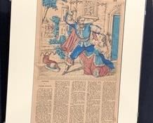 This framed French piece includes an article and image of the fairy tale, La Barbe Bleue  (Blue Beard). A part of the glass in the clip frame is broken and could be replaced. Slight soil on this piece in upper right and lower right corners.

Measures 20" x 15-1/2".