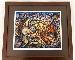 This lovely painting of The Sorcerer's Apprentice is by Tony Speir. It is framed in a brown wood frame and measures 29-3/4" x 25-1/2" x 1-1/4".
The piece has museum glass and is numbered as #1.