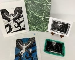 Four block prints by Jack Zipes.

Two are of a running man and an angel. Both measure 16" x 12-1/4". One is in black & white. The other is in watercolor and is signed.

Two smaller block prints are of a man with a pipe. Both are signed. 10" x 9" and 10" x 8".

The portfolio holding these prints is included in the lot.