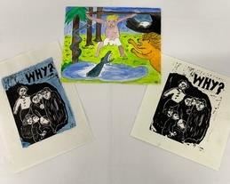 Three block prints by Jack Zipes. All are signed by the artist.
Two of them prominently present the word "WHY".  One of these has a watercolor background- 9" x 12".
The other does not have watercolor - 9-1/2" x 9-1/2".
The third print is of a white man in a jungle surrounded by wildlife as he holds a stick over his head - 11" x 9".