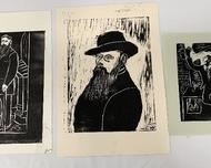Three block prints by Jack Zipes  from the book;  Charles Godfrey Leland and his Magical Tales.

Charles Godfrey Leland (1824-1903) Born into a wealthy and privileged family in Philadelphia, Charles Godfrey Leland (1824–1903) showed a clear interest in the supernatural and occult literature during his youth. Legend has it that, soon after his birth, an old Dutch nurse carried him up to the garret of the house and performed a ritual to guarantee that Leland would be fortunate in his life and eventually become a scholar and a wizard. Whether or not this incident ever occurred, we do know that his interest in fairy tales, folklore, and the supernatural would eventually lead him to a life of travel and documentation of the stories of numerous groups across the United States and Europe

One is a man with a cane holding his hat - 15" x 11".
One depicts a bearded man with a hat - 16" x 11-1/4".
The third one is a man jumping with his arm uplifted - 8-1/2" x 10". 
All of the prints are signed 