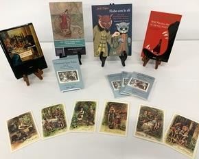 This group of books is from scholar, Jack Zipes' personal collection. One is in Italian and signed by Zipes, one is in Chinese and two are in English. Also included are 4 sets of six illustrated postcards by Zipes from the Weisman Museum in Minneapolis. Beautiful and winsome, these cards would be lovely framed or used for correspondence. The front of each postcard packet is signed by Zipes.